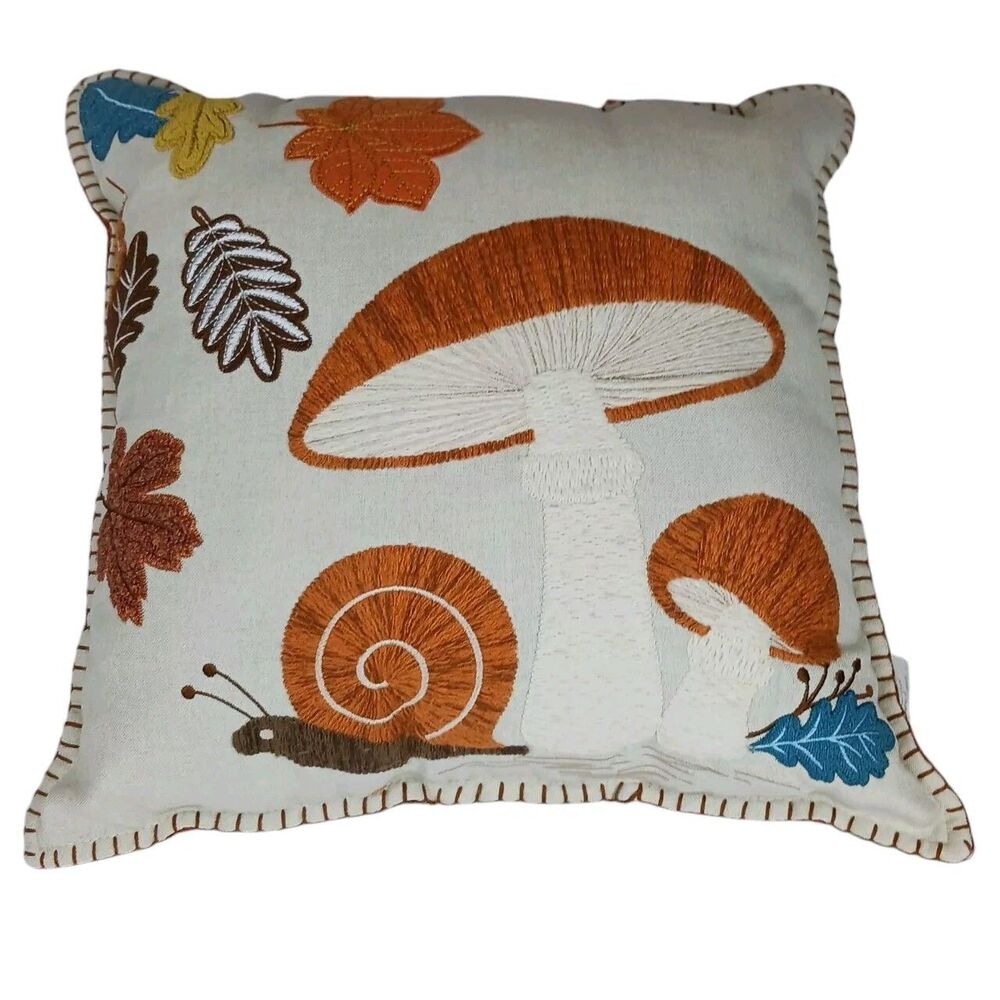 Mushroom Snail Crewel Embroidered Throw Pillow Felt Accents Earth Tones